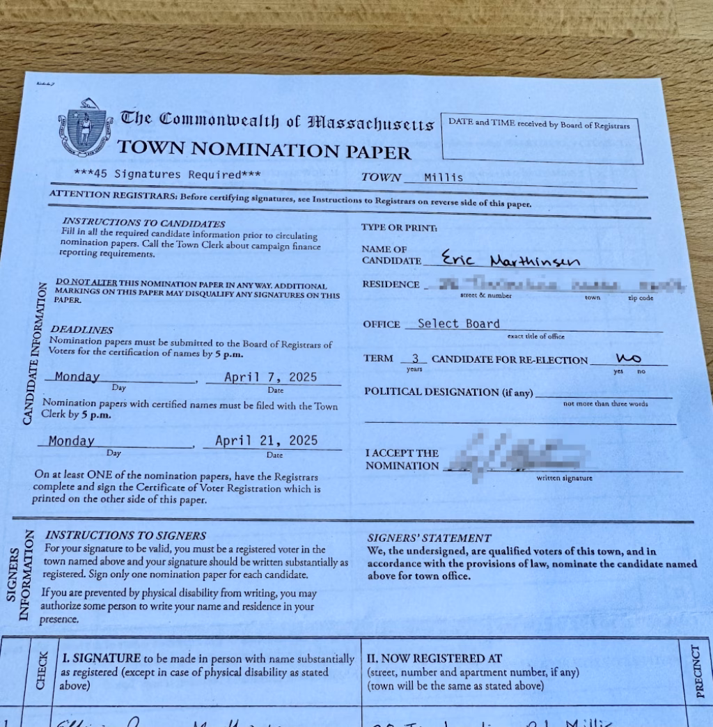 A picture of my nomination papers for the Millis Select Board